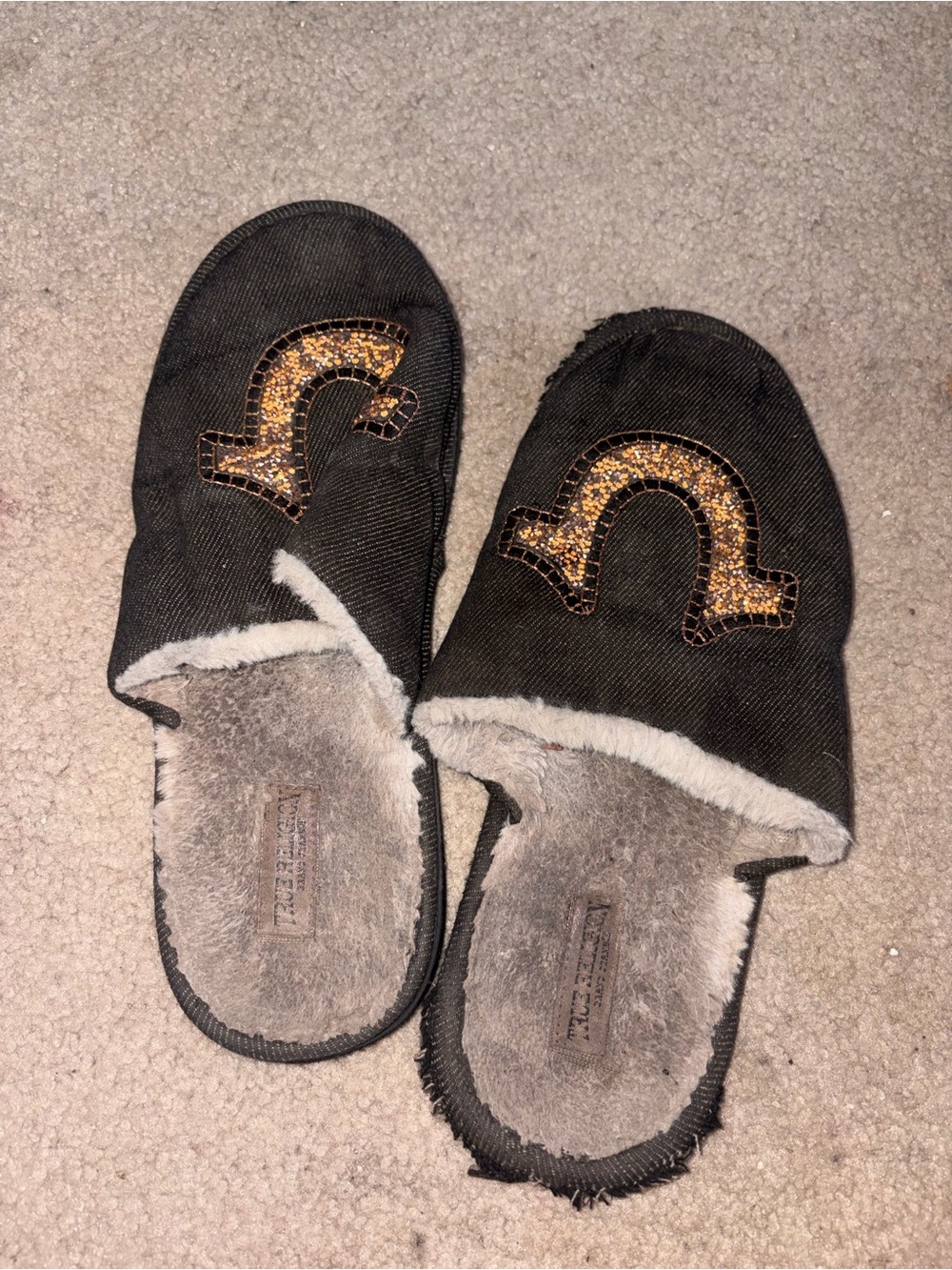 Black Faux-Fur Lined Women's Slip-On Slippers with Gold Accent- fair condition